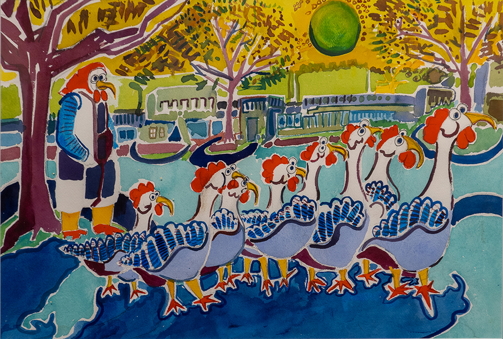 Painting titled Chickens at School by unknown artist