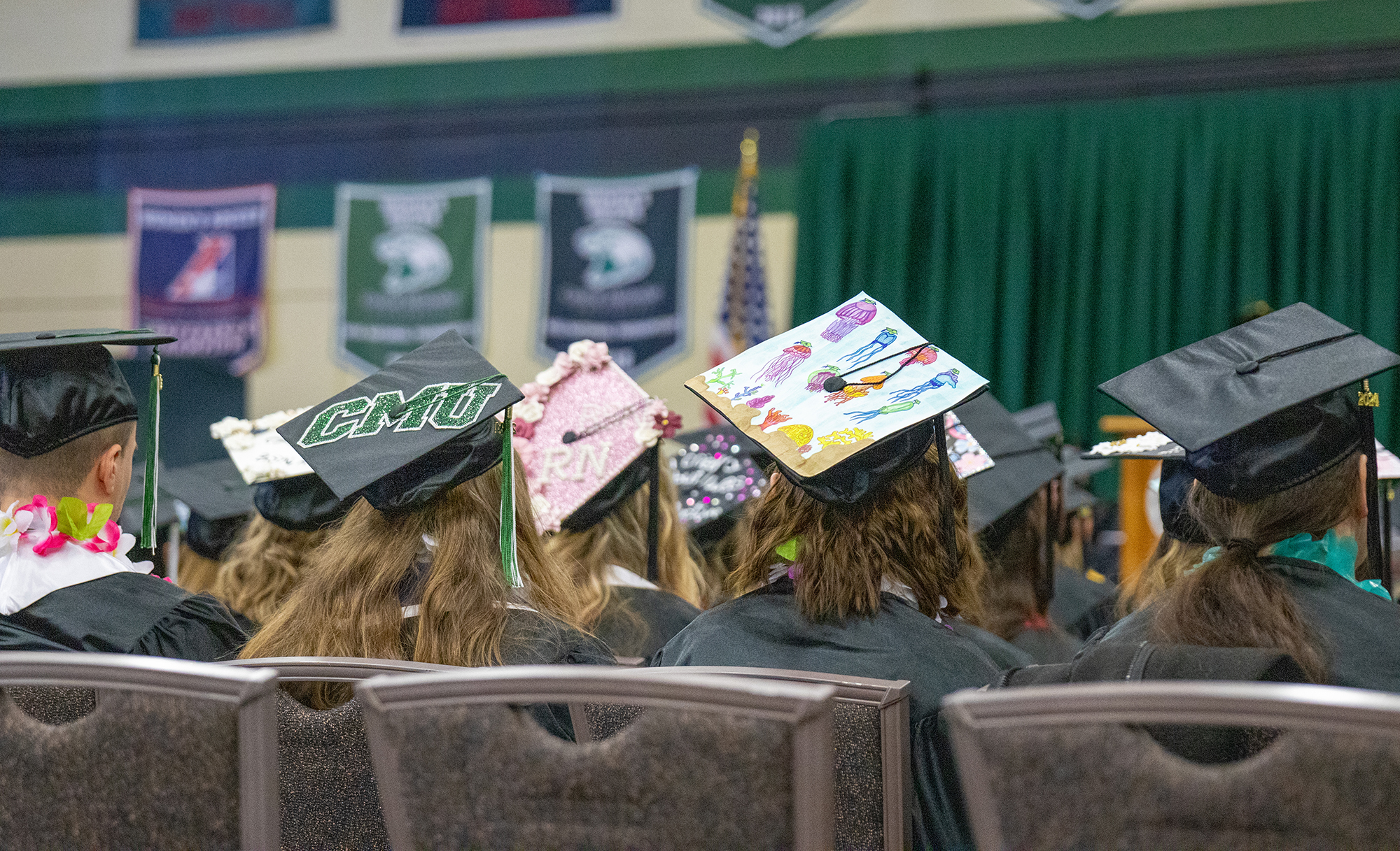 Graduation caps at winter 2024 commencement